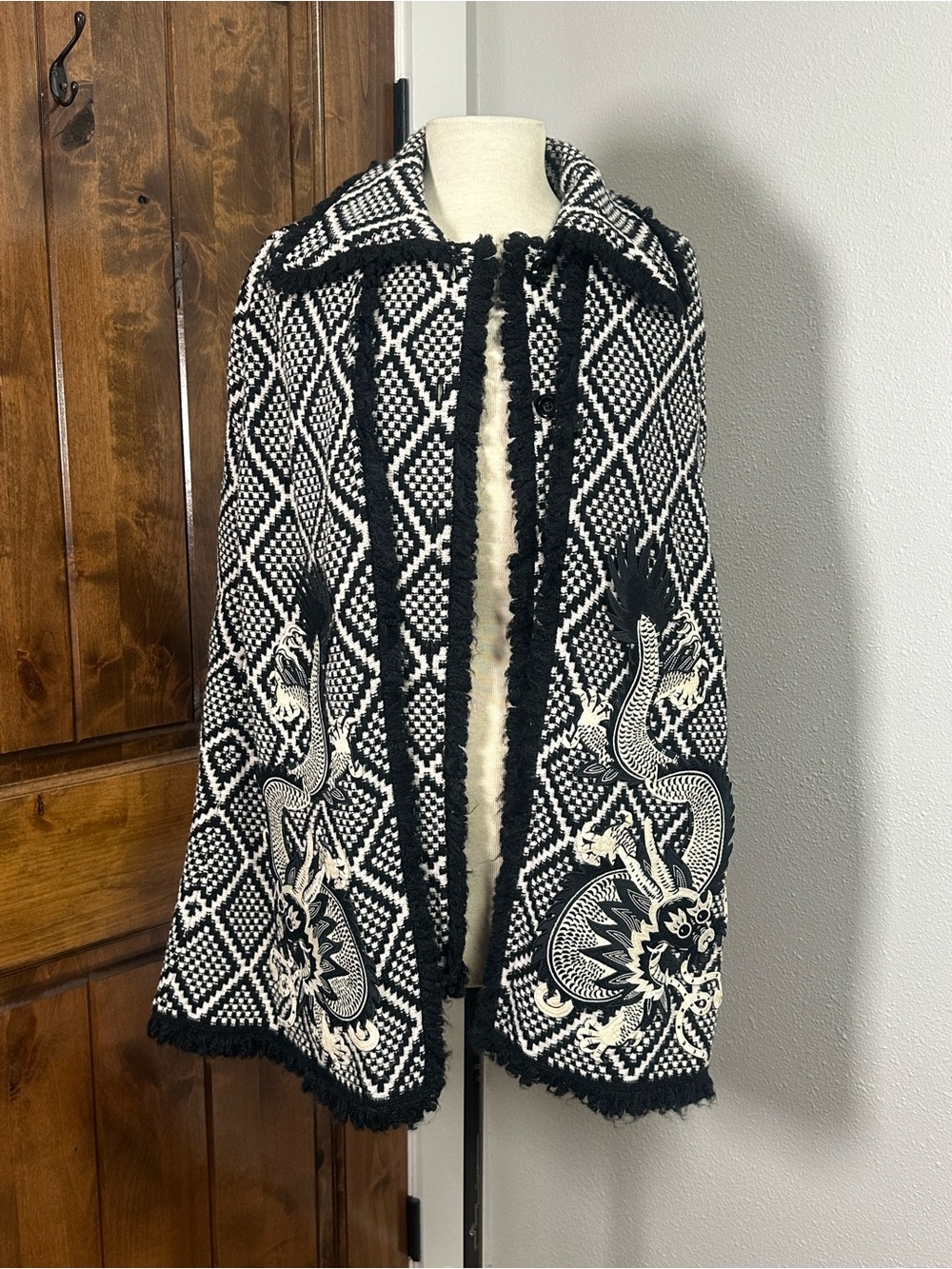Gucci Black and White Knit Poncho Cape with Embroidered Motifs
